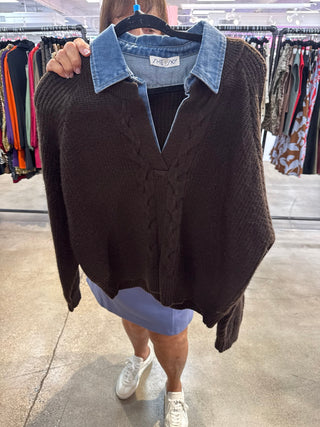 Malibu Washed Denim Collared Sweater - Trudy's Trendy Boutique