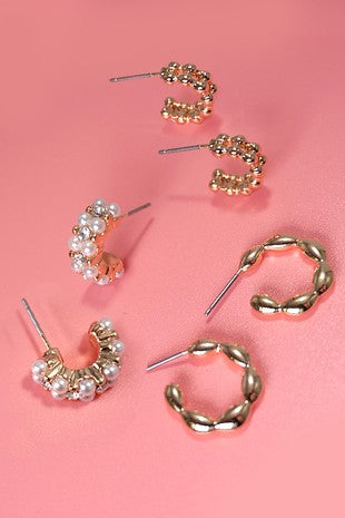 Trio Pearl Link Bean Huggie Hoops
