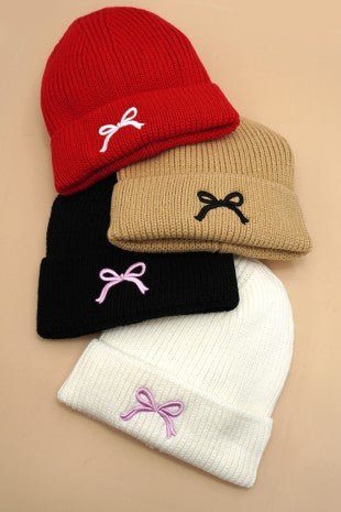 Soft Ribbed Bow Beanie Hat - Trudy's Trendy Boutique