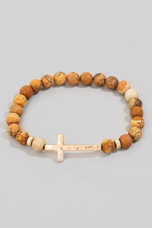 Cross Charm Jasper Beaded Bracelet - Trudy's Trendy Boutique