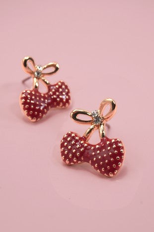 Cute Bow Double Heart Cherry Earrings