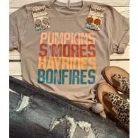 Pumpkins, Smores, Hayrides, Bonfire Tee - Trudy's Trendy Boutique