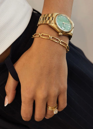 Hand wearing a gold watch and bracelet with a white background