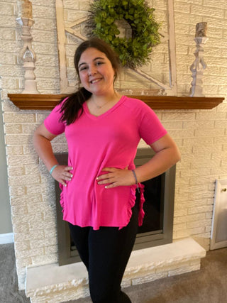 Fuchsia Side Ruffle v - neck - Trudy's Trendy Boutique