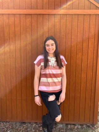 Multi - Stripe Lace Up Top - Trudy's Trendy Boutique